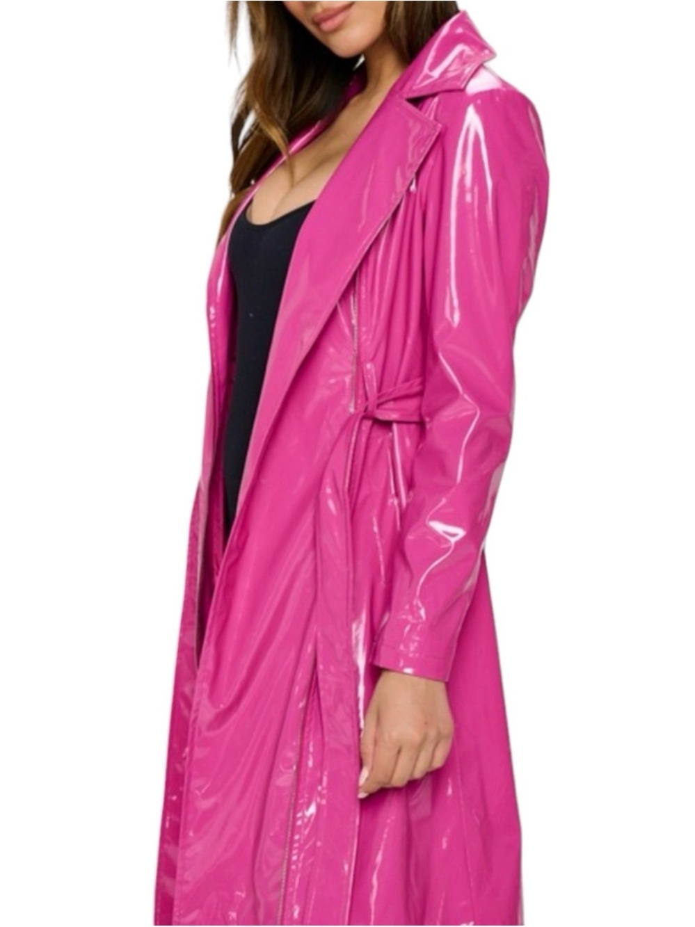 K463 Women's Hot Pink Latex Trench Coat MIDI Or MAXI NEW!